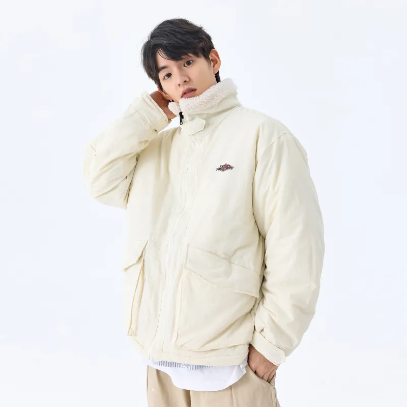 KXLFCHN Letter Solid Color Lapel Loose Fit Puffer Jacket Unisex-5