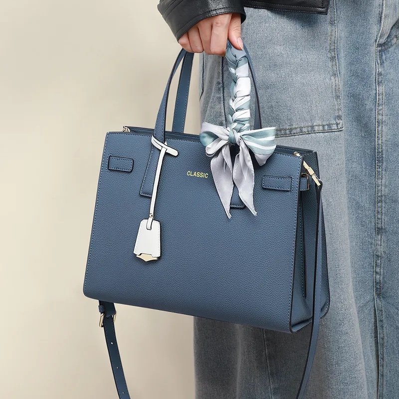 VINEY Cow Leather Handbag, Shoulder Bag, Crossbody Bag, Mom Bag Tubas Women's Gray Blue-3