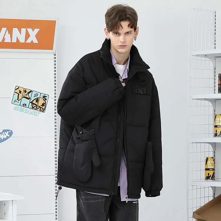 GENANX Solid Color Stand Collar Loose Fit Thickened Puffer Jacket Unisex-4