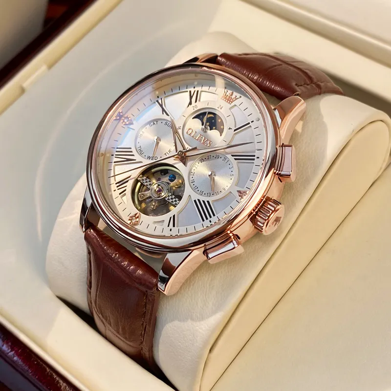 OLEVS Wisdom Series Mechanical Movement Leather Strap Watch Men's Watches Black Dial-19