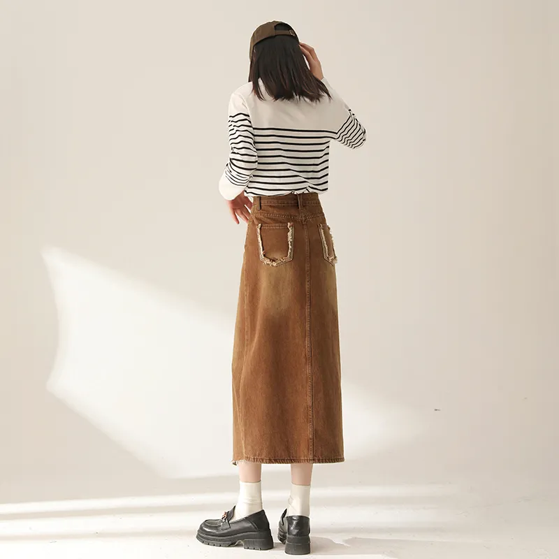 MITUAN Denim Long Skirts Women's Coffee-3