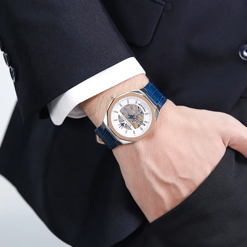 Maserati Wrist Watch Automatic Mechanical Movement Genuine Leather Strap Cut-Out Dial Men's Watches-3