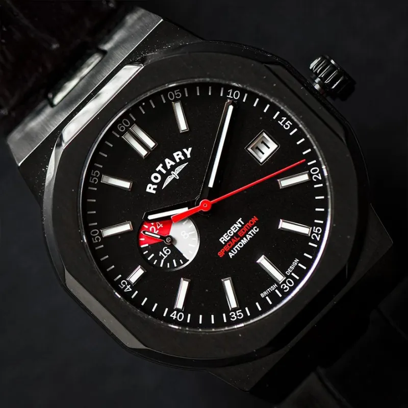 ROTARY Wrist Watch Automatic Mechanical Movement Genuine Leather Strap Black Dial Men's Watches-21