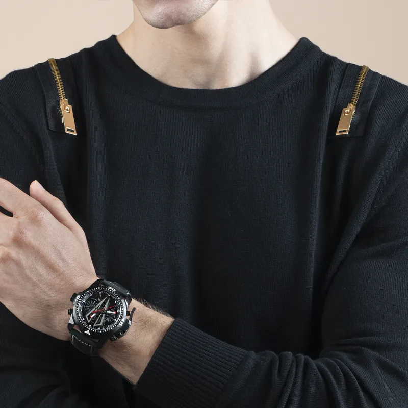 REEF TIGER Aurora Mechanical Movement Genuine Leather Strap Watch Men's Watches Black Dial-2
