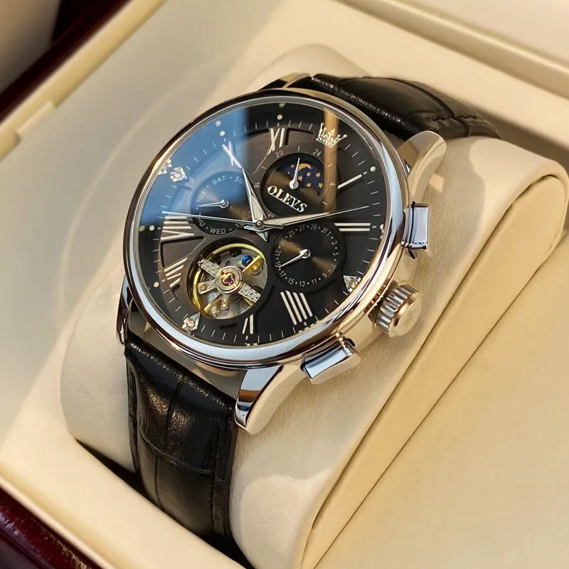 OLEVS Wisdom Series Mechanical Movement Leather Strap Watch Men's Watches Black Dial-7