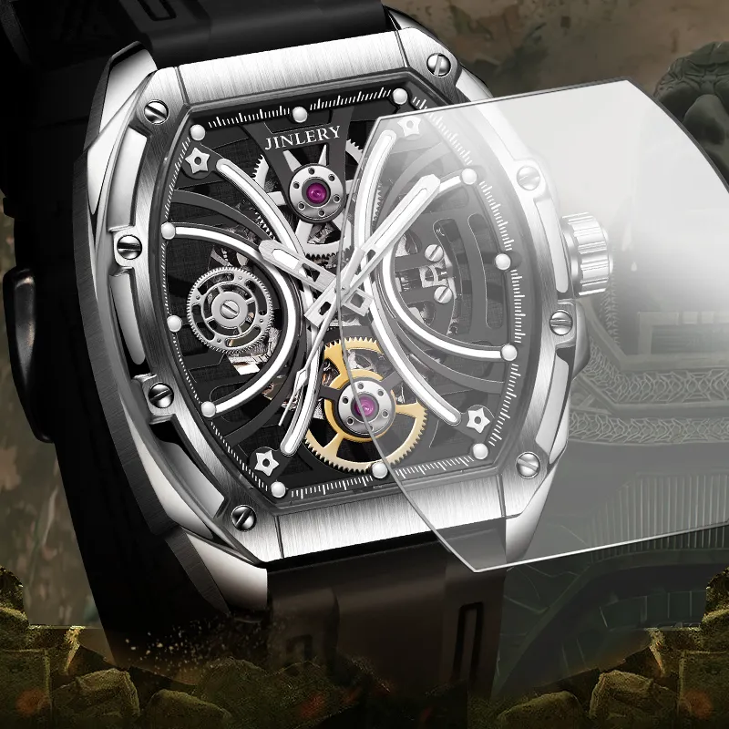 JINLERY Apocalypse Collection Automatic Mechanical Movement Rubber Strap Watch Men's Watches Cut-Out Dial-5