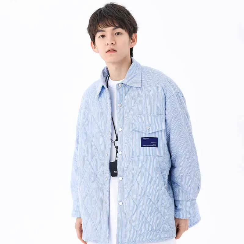 KXLFCHN Solid Color Stand Collar Loose Fit Puffer Jacket Unisex Light Blue-2