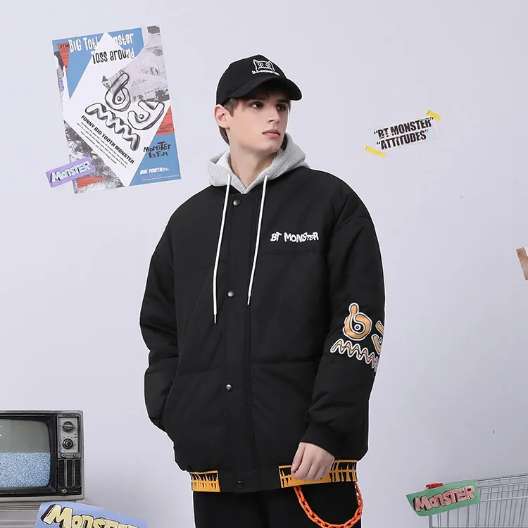 Bt Letter Baseball Collar Loose Fit Puffer Jacket Unisex-3