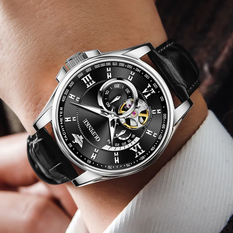 Oupinke Gaias Collection Cut Out Fly Reel Mechanical Movement Leather Strap Watch Men's Watches White Dial-2