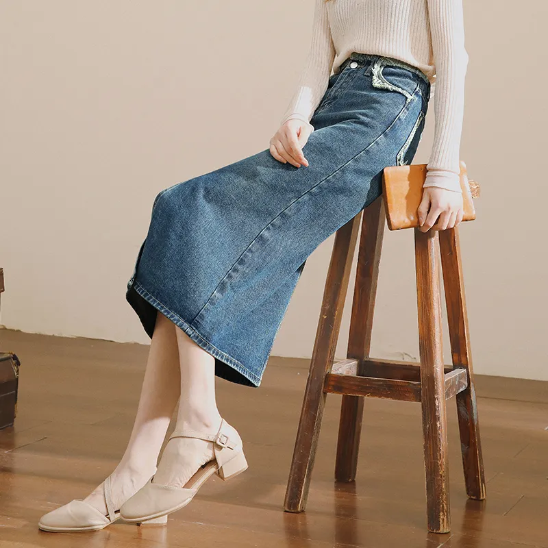 MITUAN Denim Long Skirts Women's Blue-4