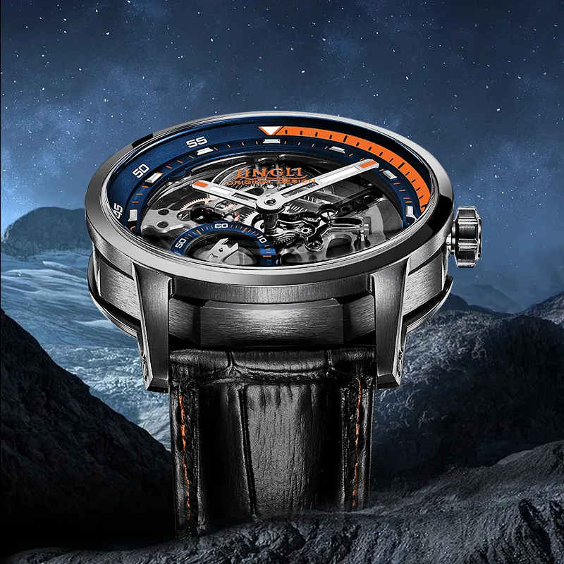 JINLERY Machine Automatic Mechanical Movement Genuine Leather Strap Watch Men's Watches Cut-Out Dial J9033-21