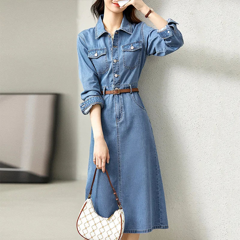 SENTUBILA Long Sleeved Dress Women's Denim Blue-3