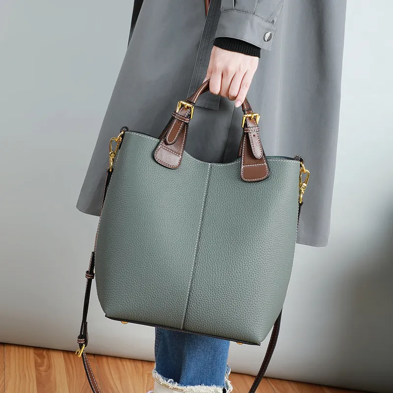 VINEY Cow Leather Handbag Shoulder Bag Crossbody Bag Bucket Bag Large Size Women's Multicolor-3