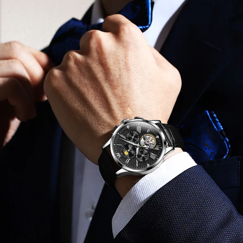 OLEVS Wisdom Series Mechanical Movement Leather Strap Watch Men's Watches Black Dial-8