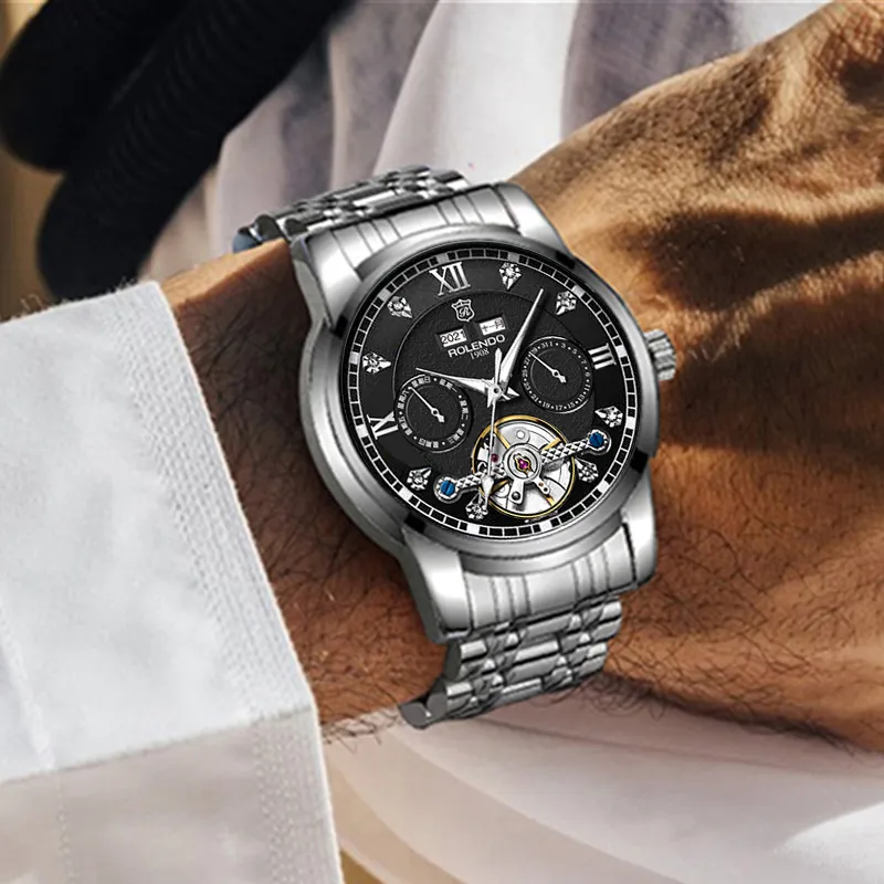 ROLENDO R Tide Play Series Automatic Mechanical Movement Stainless Steel Watchband Watch Men's Watches Black Dial-5