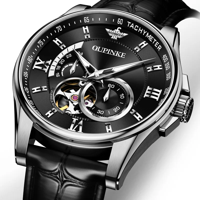 Oupinke Gaias Collection Cut Out Fly Reel Mechanical Movement Leather Strap Watch Men's Watches White Dial-4