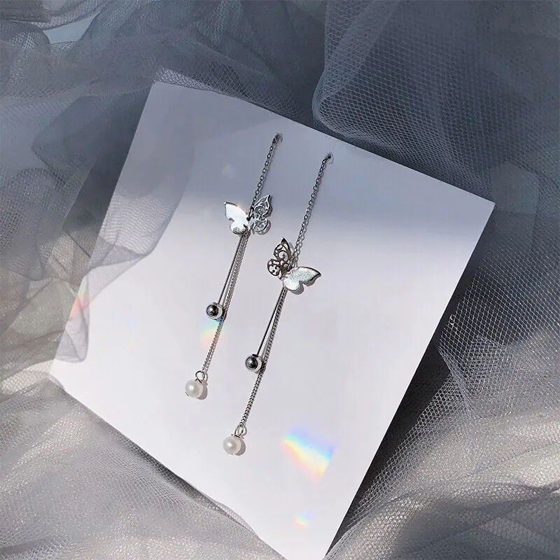 SENDME Drop Earrings Women's Butterfly Fringe Silver Drop Earrings-4