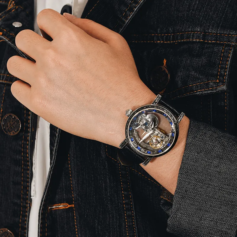 VRQ Faith Series Automatic Mechanical Movement Genuine Leather Strap Watch Unisex Cut-Out Dial-3
