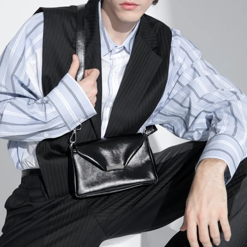 INJOYLIFE Cow Leather Envelope Bag Shoulder Bag Crossbody Bag Small Size Women's Black-3