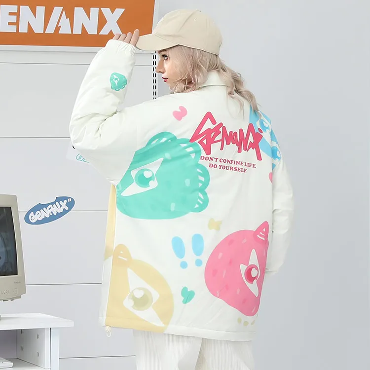 GENANX Cartoon Lapel Loose Fit Puffer Jacket Unisex Milk White-7