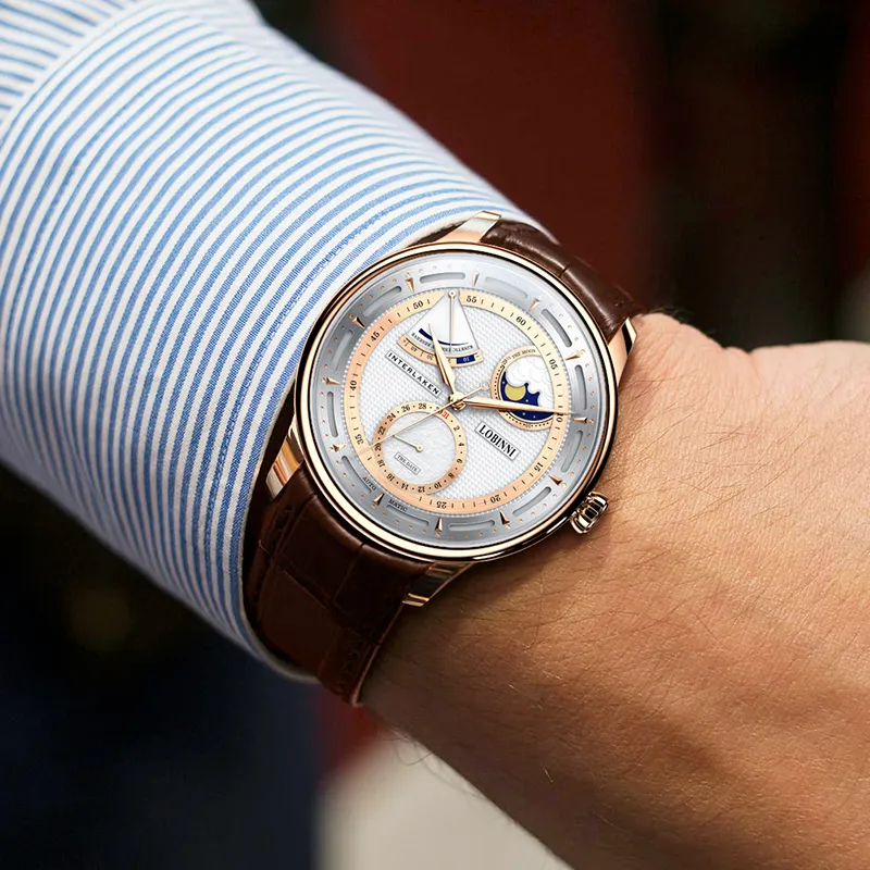 LOBINNI L Automatic Mechanical Movement Genuine Leather Strap Watch Men's Watches White Dial-9
