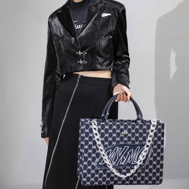 MQ PU Tote Bag Shopping Bag Handbag Shoulder Bag Crossbody Bag Large Size Unisex Black/Blue-3