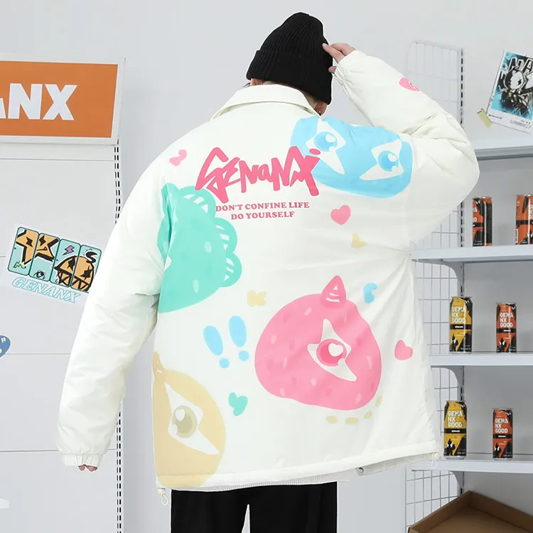 GENANX Cartoon Lapel Loose Fit Puffer Jacket Unisex Milk White-6