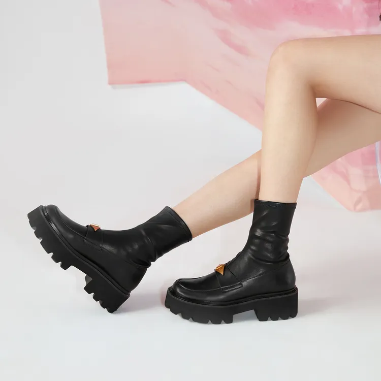 CHARLES&KEITH Small Ck Ankle Boots 5.1cm Women's Black/Chalk White/BLACK TEXTURED Black Textured-3