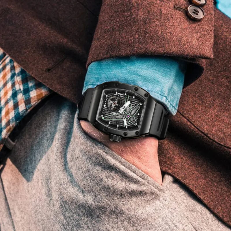 OLTO 8 Astral Series Wrist Watch Automatic Mechanical Movement Silicone Strap Black Dial Men's Watches-11