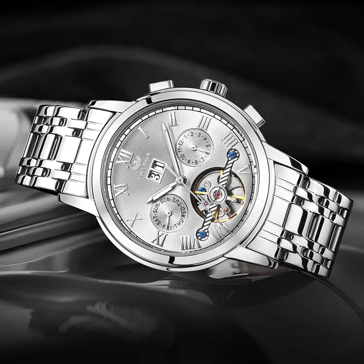 FOCEWALK Leader Collection Mechanical Movement Stainless Steel Watchband Watch Men's Watches Silver Dial-6