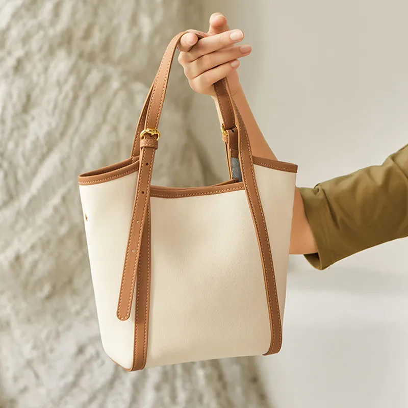 JANE KLAIN Cow Leather Tote Bag Shopping Bag Bucket Bag Handbag Shoulder Bag Medium Size Women's Milkshake White-5