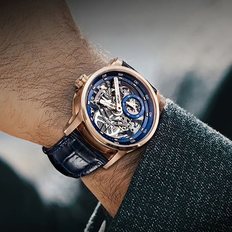 JINLERY Machine Automatic Mechanical Movement Genuine Leather Strap Watch Men's Watches Cut-Out Dial J9033-32