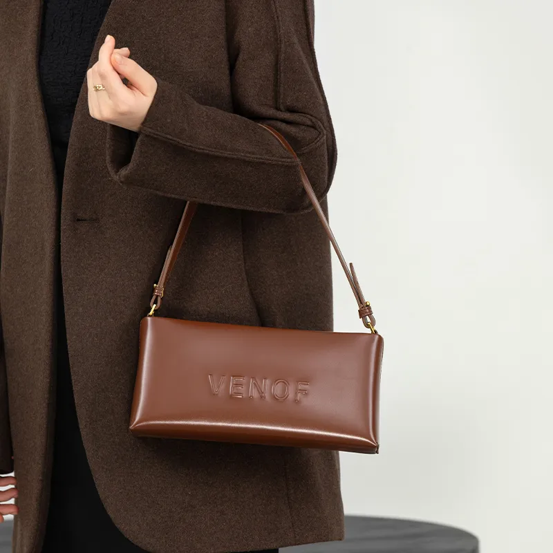 VENOF Cow Leather Shoulder Bag, Small Square Bag, Handbag, Shoulder Bag Women's Van Dyke Brown Minior Red-5