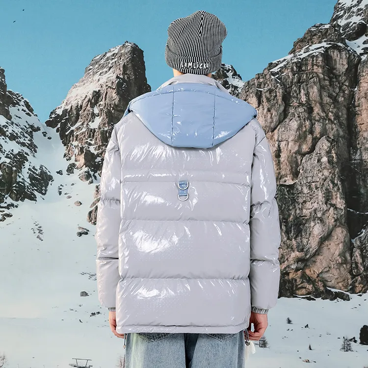 LAMLICKA Solid Color Hooded Loose Fit Thickened Down Jacket Unisex Gray-3