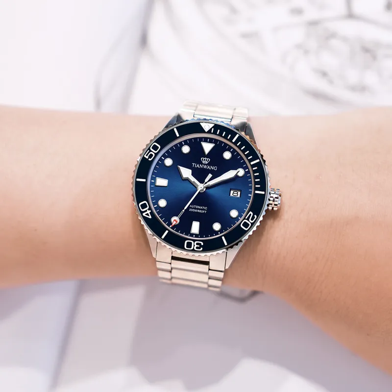 TIANWANG Blue Fin Collection Mechanical Movement Stainless Steel Strap Watch Men's Watches Blue Dial-5