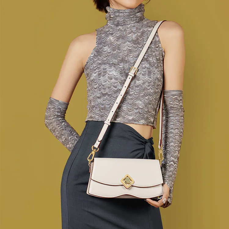Gong Xuan Cow Leather One Shoulder Underarm Handbag, Crossbody Bag Regular Women's Buxue White Chocolate-8