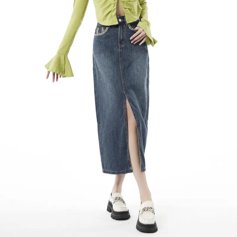 QYPRF Denim Long Skirts Women's Vintage Blue-2