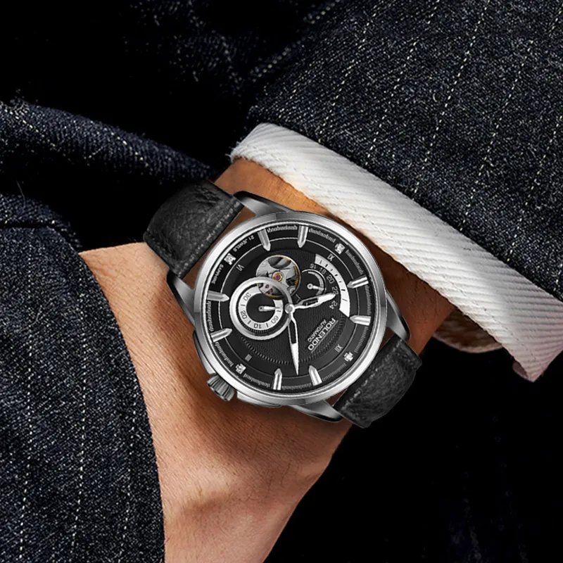 ROLENDO R Wisdom Series Automatic Mechanical Movement Cowhide Strap Watch Men's Watches Black Dial-2