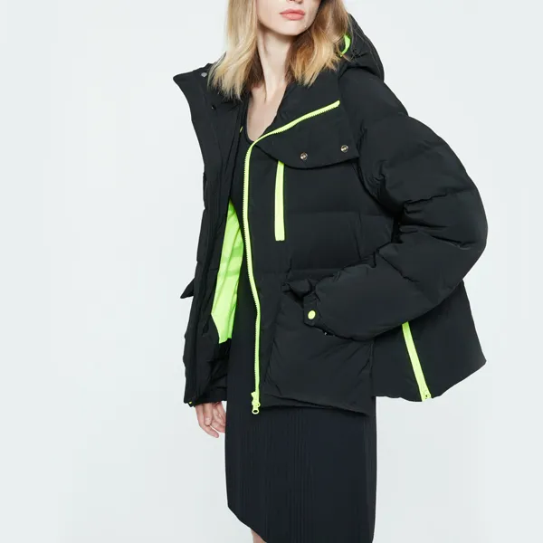 DKNY FW22 Solid Color Hooded Loose Fit Thickened Cropped Down Jacket Women's Black-4
