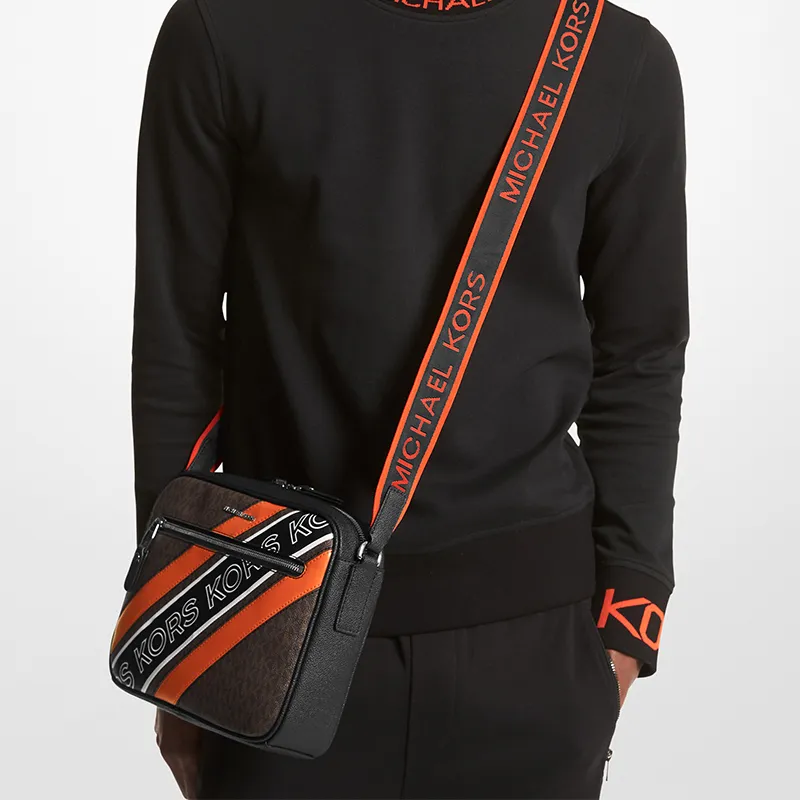 MICHAEL KORS Hudson Artificial Leather Crossbody Bag Medium Size Men's Dark Brown & Black & Orange Red-3
