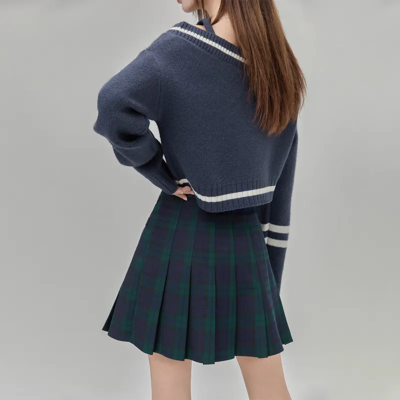 LA CRAWFISH Casual Short Skirts Women's Blue And Green Plaid-3