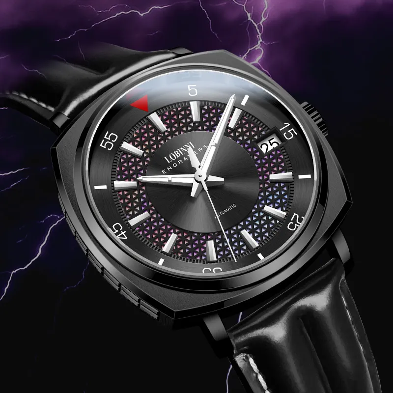 LOBINNI L Automatic Mechanical Movement Genuine Leather Strap Watch Men's Watches Black Dial-3