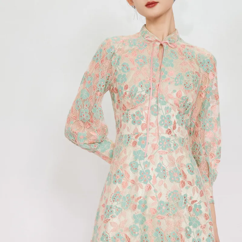 JINYE ORIENTAL Shift Dress Mid Length Dress Fall Pink Green-2