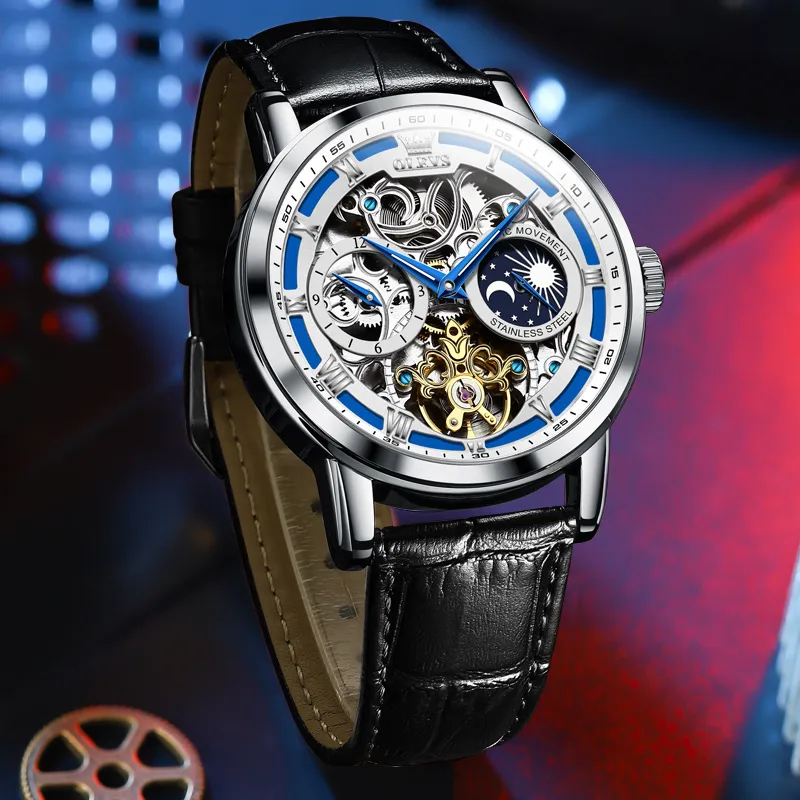 OLEVS Play The Cool Series Mechanical Movement Leather Watch Bands Watch Men's Watches Black Dial-9