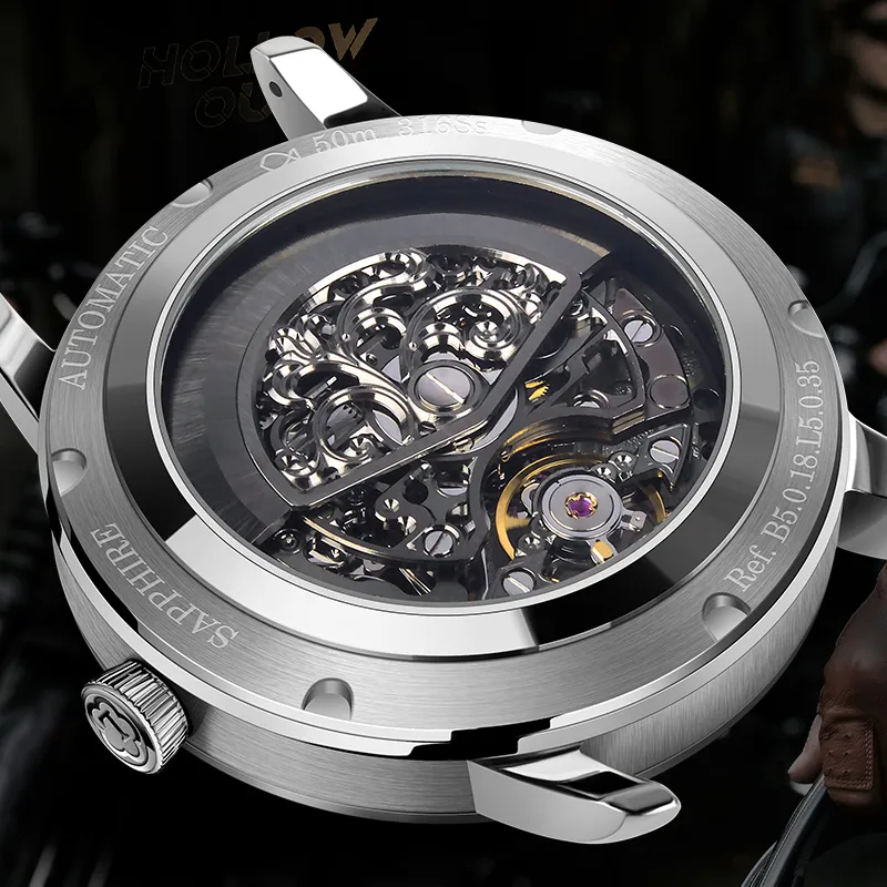 LOBINNI L Automatic Mechanical Movement Genuine Leather Strap Watch Men's Watches Black Dial-32
