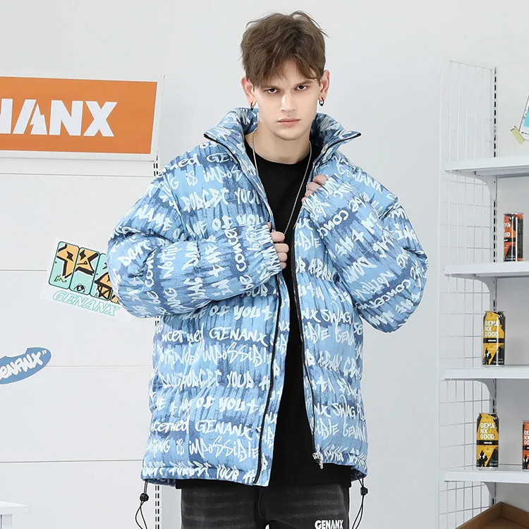 GENANX Stand Collar Loose Fit Puffer Jacket Unisex Print Blue-6