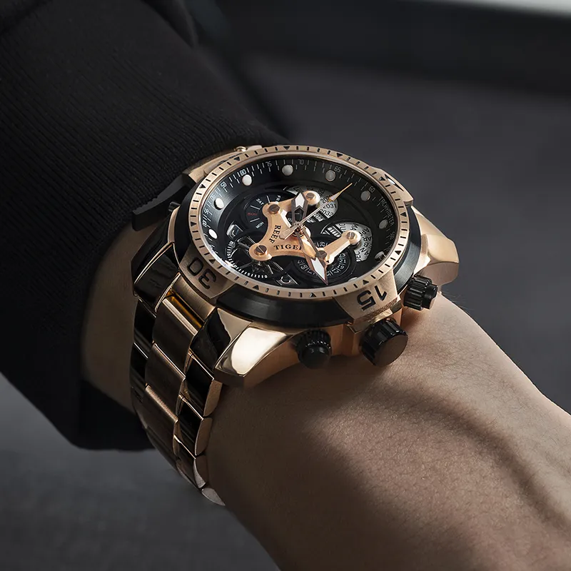 REEF TIGER Mechanical Movement Steel Strap Watch Men's Watches Black Dial-2