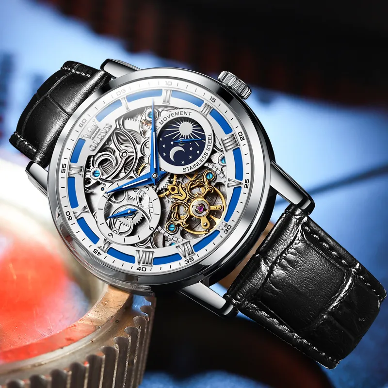 OLEVS Play The Cool Series Mechanical Movement Leather Watch Bands Watch Men's Watches Black Dial-8