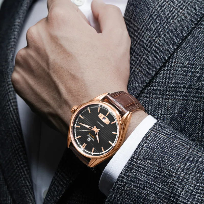 MANJAZ Automatic Mechanical Movement Leather Watch Bands Watch Men's Watches Black Dial-2
