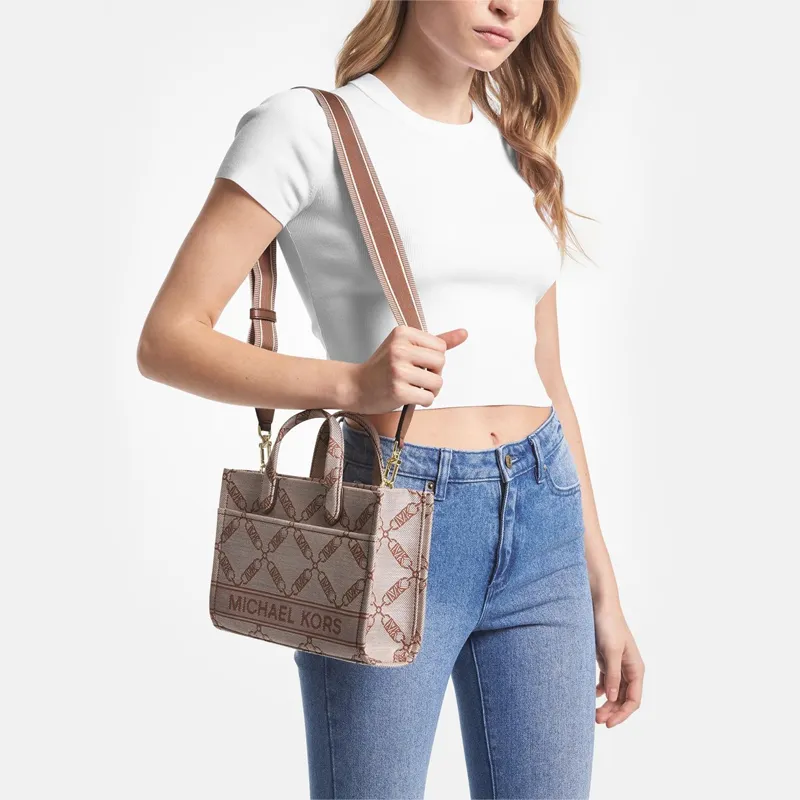 MICHAEL KORS Gigi Fabric Tote Bag Shopping Bag Shoulder Bag Handbag Small Size Women's Beige & Leather Brown-2
